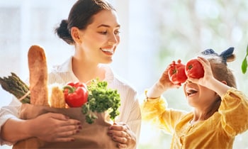 Woman girl groceries playing